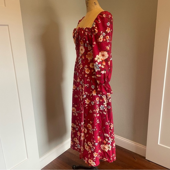 SHEIN- SZ M Maroon Floral Print Square Neck Flounce Sleeve Split Thigh Dress - Picture 5 of 7
